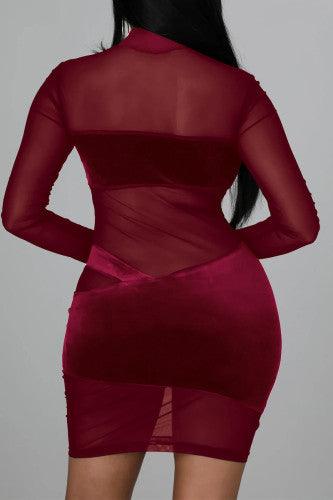 Burgundy Sexy Solid Split Joint See-through Mesh Half A Turtleneck Mini Dresses - Mycia Boutique