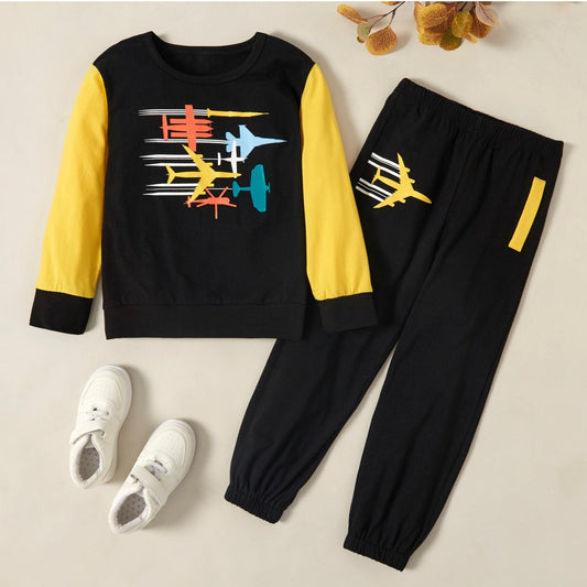 Boy Plane Print Cartoon Sweatshirt and Pants Set - Mycia Boutique