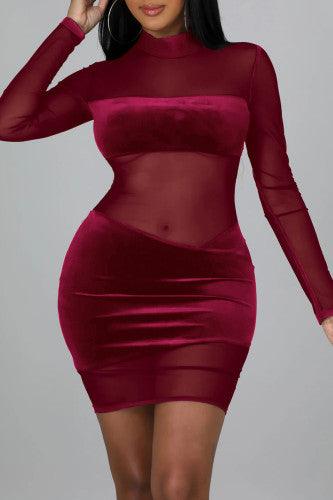 Burgundy Sexy Solid Split Joint See-through Mesh Half A Turtleneck Mini Dresses - Mycia Boutique