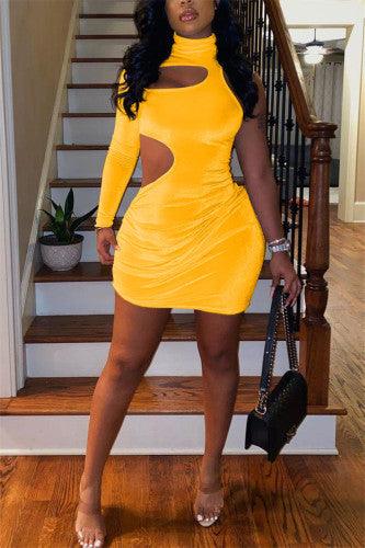 Yellow Fashion Solid Hollowed Out Turtleneck Long Sleeve Dress - Mycia Boutique